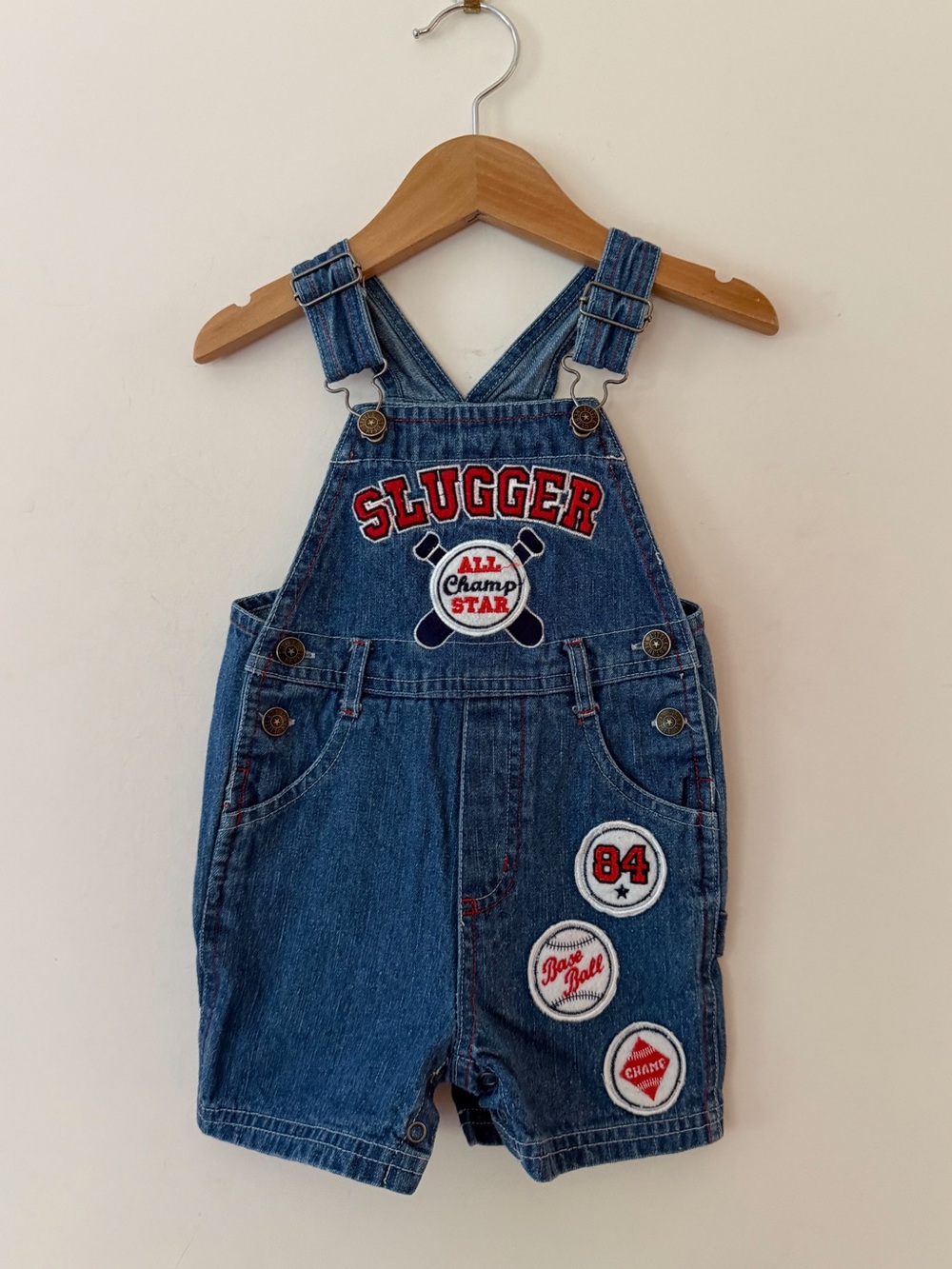 VINTAGE VGUC Baseball Patch Denim Shortall Overalls